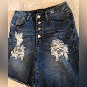 Fashion Nova Dark Blue Denim Shorts with Gold Button Accents